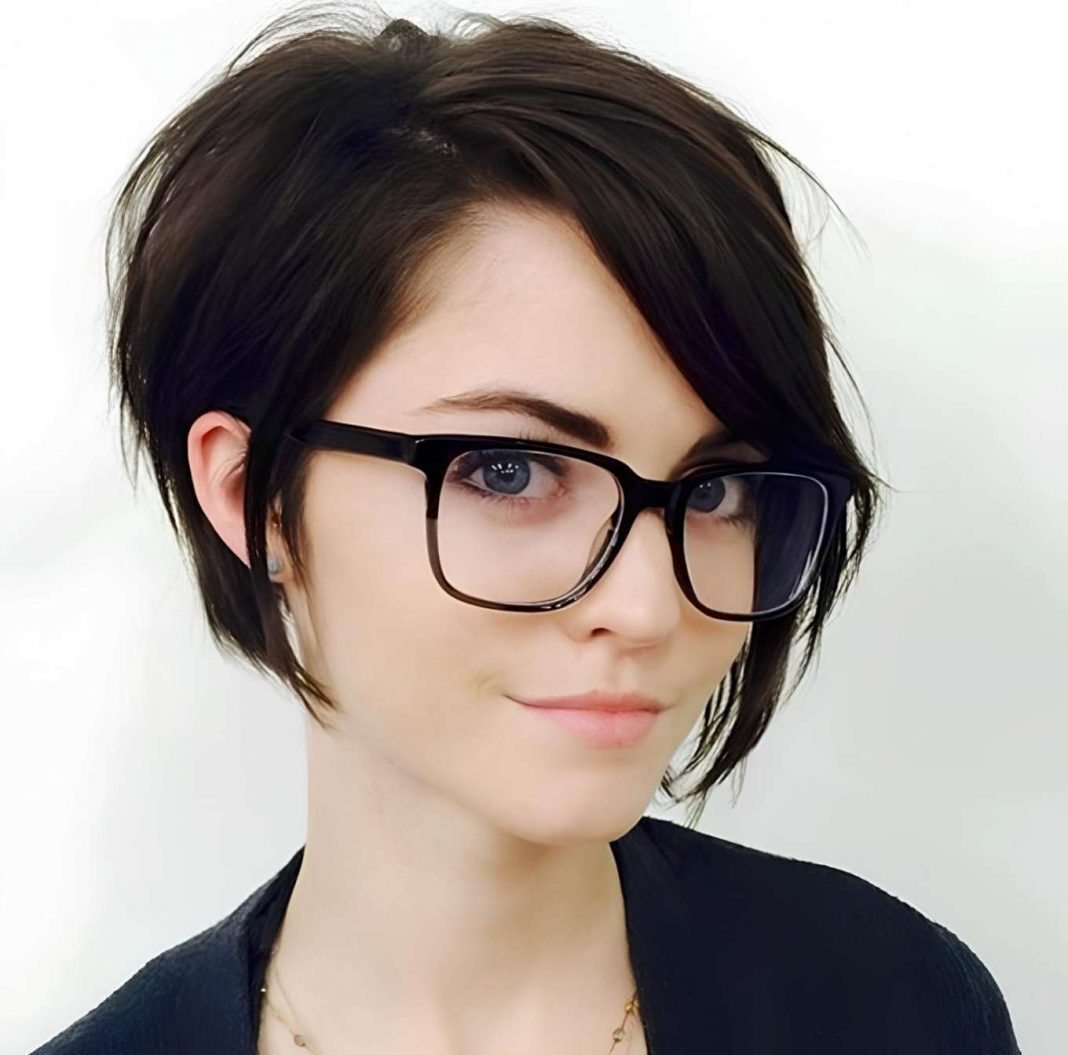 Trendy and Smart: Black Pixie Cut with Glasses