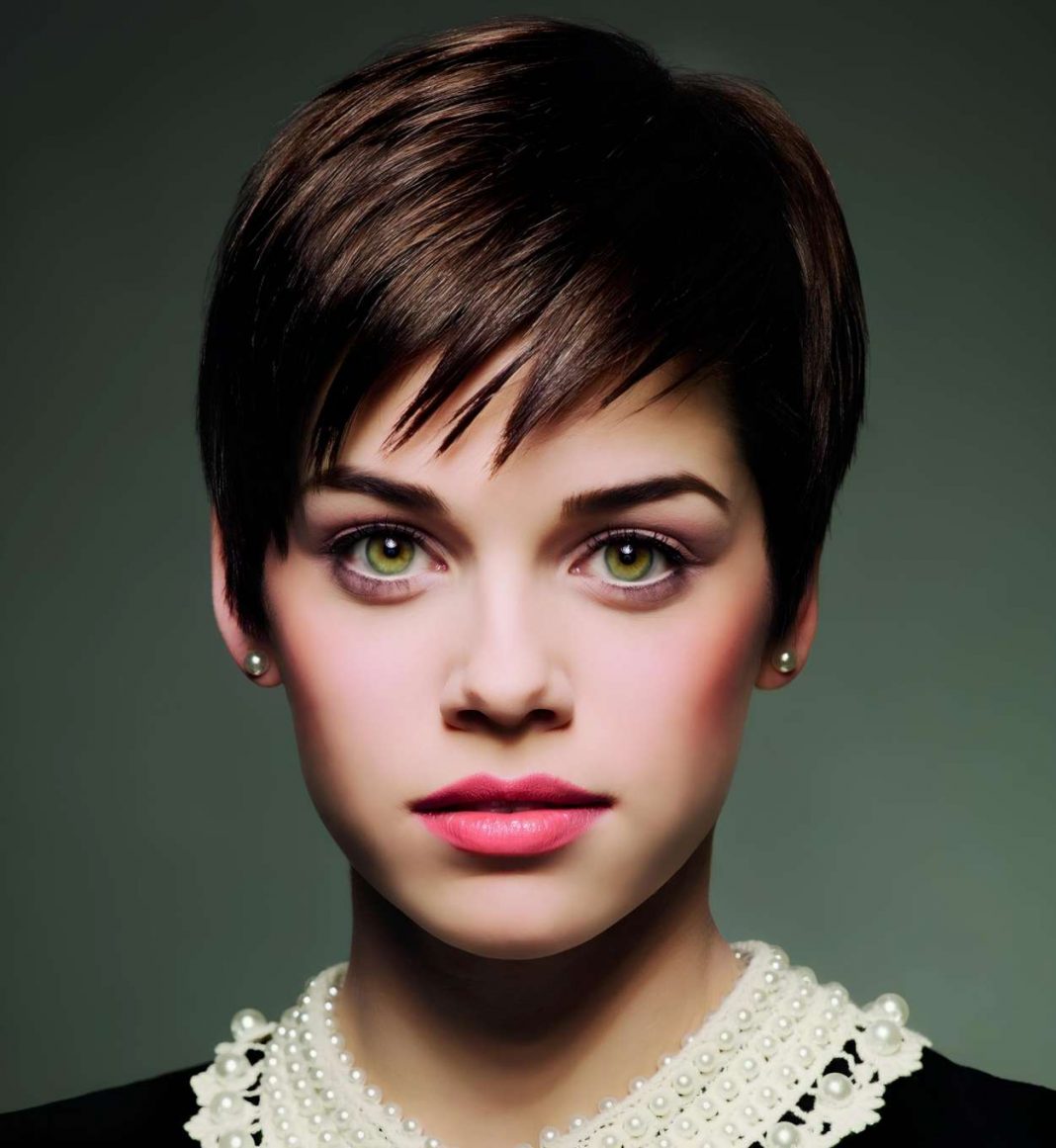 Classic Brunette Pixie Cut with Bangs
