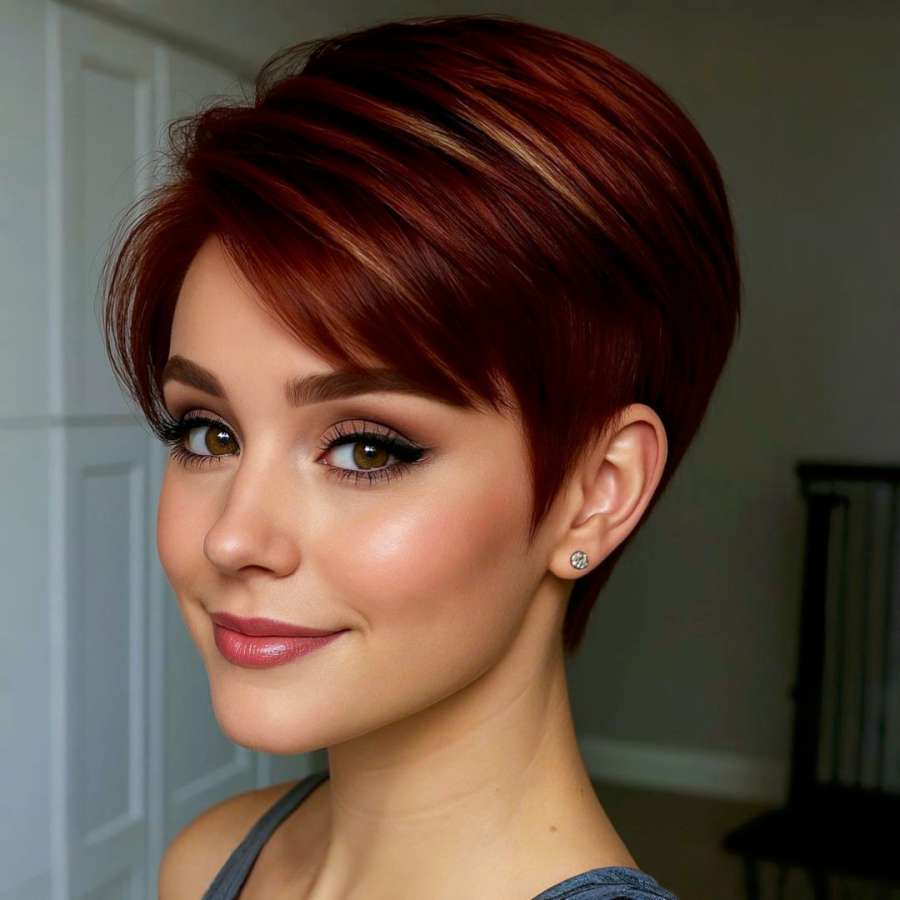 Glossy Mahogany Pixie with Subtle Highlights