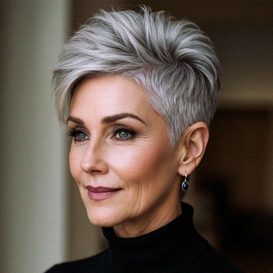 Elegant Short Haircut in Silver Grey Shades