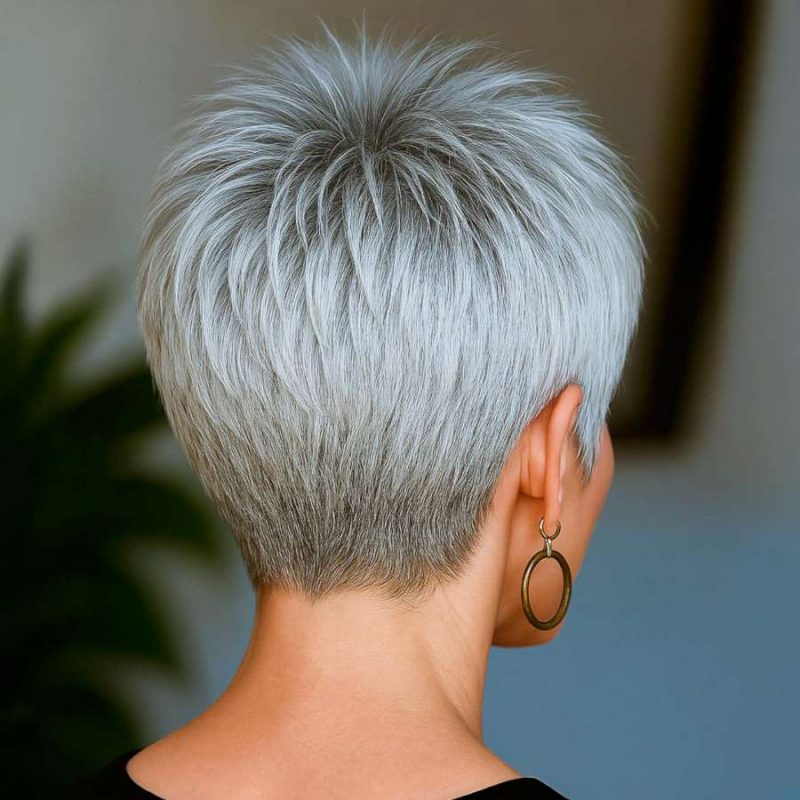 Back View: Clean Tapered Silver Pixie with Crown Volume