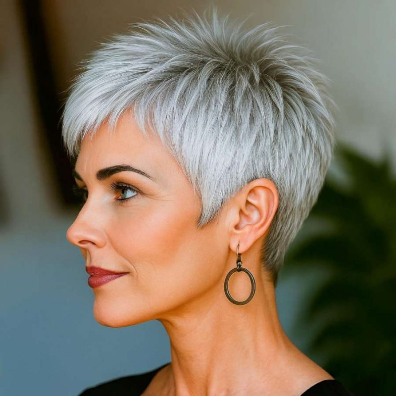 Left View: Feathered Silver Pixie with Soft Side Layers
