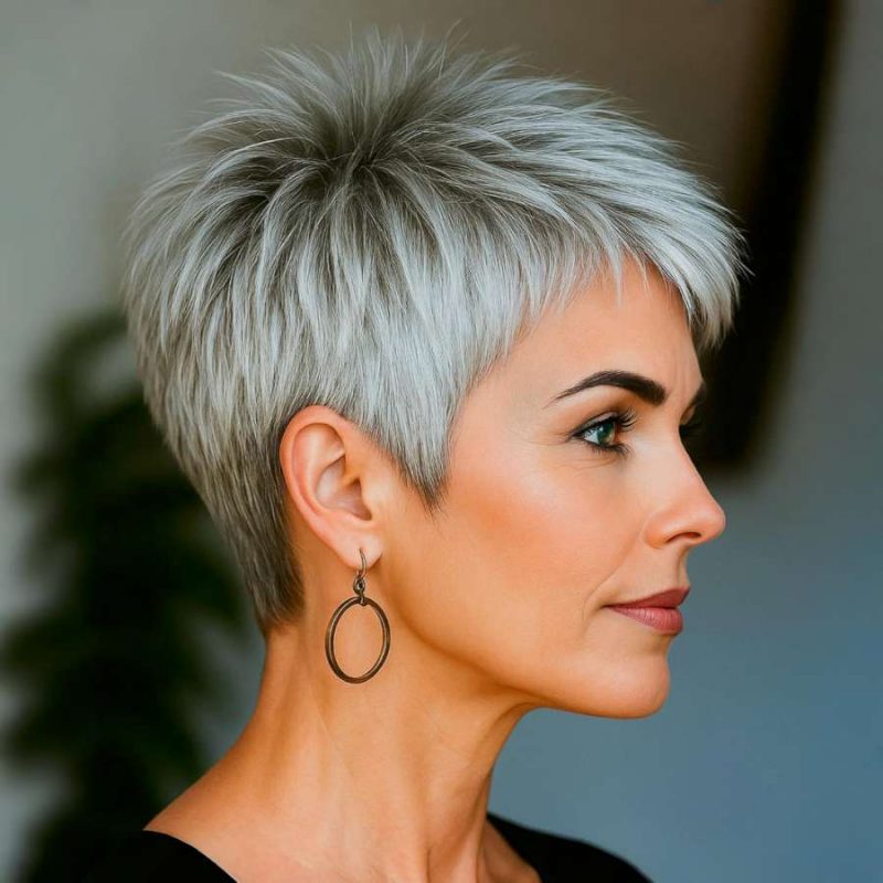 Side View: Tapered Silver Pixie with Defined Layers