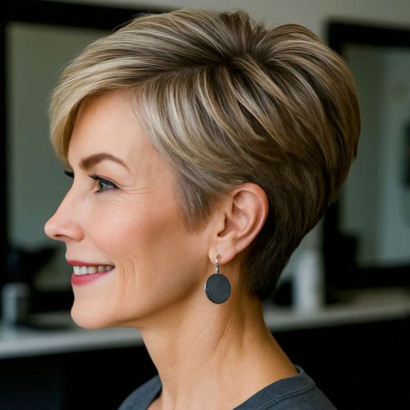 Side View of a Softly Layered Blonde Pixie Cut