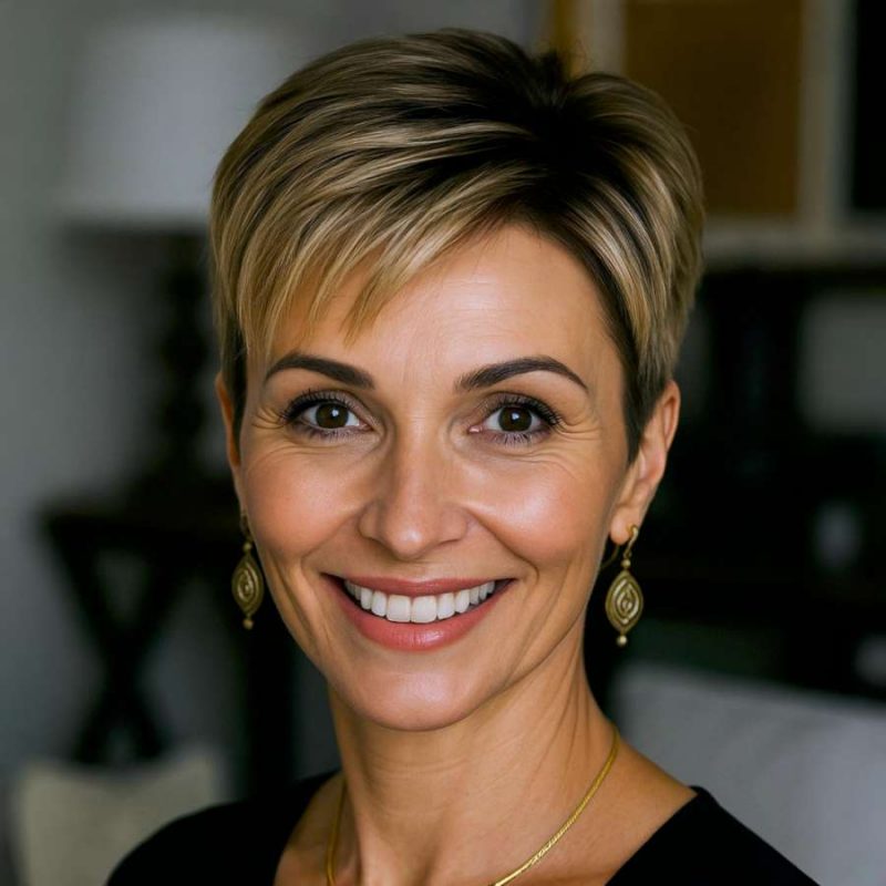 Sophisticated Front View of a Tapered Pixie with Highlights